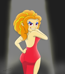 Size: 2971x3396 | Tagged: safe, artist:megaanimationfan, adagio dazzle, human, equestria girls, g4, adagio dat-azzle, ass, bare shoulders, breasts, butt, clothes, dress, eyeshadow, female, high res, jessica rabbit, looking at you, makeup, open-back dress, red dress, side slit, signature, sleeveless, solo, spotlight, strapless, stupid sexy adagio dazzle, who framed roger rabbit