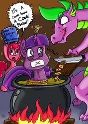 Size: 1024x1448 | Tagged: safe, artist:dinodraketakethecake, pinkie pie, spike, twilight sparkle, alicorn, dragon, pony, g4, abuse, bondage, book, bound and gagged, cauldron, cookbook, cooked alive, cooking, cooking pot, cork, dialogue, dragons eating horses, fallen spike, female, fire, food, gag, horn, horn guard, hungry, imminent vore, implied cannibalism, implied vore, kitchen eyes, knife, licking, licking lips, magic suppression, male, mare, older, older spike, peril, person as food, tape gag, the twilight zone, this will end in tears and/or breakfast, tied up, to serve man, tongue out, twilight sparkle (alicorn), twilybuse