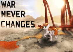 Size: 3500x2500 | Tagged: safe, artist:lightningdasher, oc, oc only, oc:littlepip, pony, unicorn, fallout equestria, butt, fallout, fanfic, fanfic art, female, high res, hooves, horn, mare, pipbuck, plot, solo, text, war never changes, wasteland