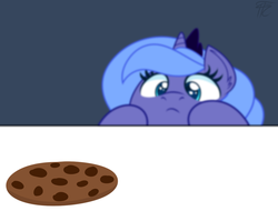 Size: 1251x951 | Tagged: dead source, safe, artist:php92, princess luna, g4, cookie, female, filly, food, solo, woona