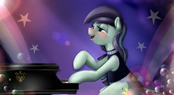 Size: 1600x870 | Tagged: safe, artist:saddnesspony, coloratura, g4, the mane attraction, blushing, crying, female, musical instrument, open mouth, piano, rara, singing, sitting, smiling, solo, tears of joy