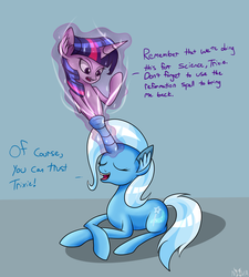 Size: 1800x2000 | Tagged: safe, artist:novaspark, trixie, twilight sparkle, alicorn, pony, unicorn, g4, blatant lies, dialogue, ear fluff, eyes closed, female, fetish, fluffy, for science, horn, horn vore, magic, mare, open mouth, preylight, prone, simple background, smiling, this will end in death, this will end in tears, this will end in tears and/or death, trixie predamoon, twilight sparkle (alicorn), vore, wat, willing vore