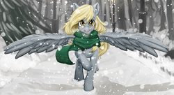 Size: 1024x556 | Tagged: safe, artist:kira-minami, derpy hooves, pegasus, pony, g4, clothes, cropped, female, happy, lamppost, mare, scarf, snow, snowfall, solo, spread wings, tongue out, tree, winter