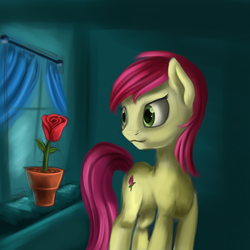 Size: 3000x3000 | Tagged: safe, artist:vell221, roseluck, earth pony, pony, g4, female, flower, flower pot, high res, mare, rose, solo, window