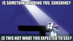 Size: 776x437 | Tagged: safe, edit, edited screencap, screencap, coloratura, earth pony, pony, g4, season 5, the mane attraction, caption, female, grand piano, mare, musical instrument, piano, pink floyd, song reference, text edit, the wall