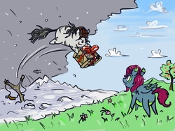 Size: 604x453 | Tagged: safe, artist:agm, oc, oc only, bat pony, fallout equestria, fallout equestria: the fossil, airship, butt, chibi, flower, plot, present, slingshot, tree
