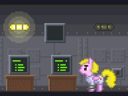 Size: 386x290 | Tagged: safe, artist:alexmakovsky, oc, oc only, oc:dazzling "dodo" dusk, fallout equestria, fallout equestria: the fossil, pixel art, solo, stable (vault), vault