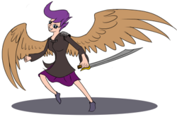 Size: 400x266 | Tagged: safe, artist:xormak, scootaloo, human, g4, clothes, coat, female, humanized, running, skirt, smiling, solo, sword, weapon, winged humanization