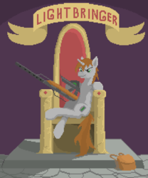 Size: 600x720 | Tagged: safe, artist:quadrog, oc, oc only, oc:littlepip, pony, unicorn, fallout equestria, bag, cutie mark, fanfic, fanfic art, female, gun, hooves, horn, lightbringer, mare, old banner, optical sight, pipbuck, pixel art, rifle, sitting, smiling, sniper rifle, solo, text, throne, weapon