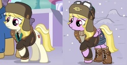 Size: 987x507 | Tagged: safe, artist:agm, edit, screencap, march gustysnows, oc, oc:dazzling "dodo" dusk, pegasus, pony, fallout equestria, fallout equestria: the fossil, g4, princess spike, clothes, coat, coincidence, comparison, goggles, hat, hoof boots, jumpsuit, shorts, stable-tec, ushanka, vault suit, winter