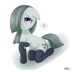 Size: 1024x1024 | Tagged: safe, artist:vanillafox2035, marble pie, earth pony, pony, g4, anatomically incorrect, clothes, dialogue, female, hair over one eye, incorrect leg anatomy, socks, solo, speech bubble, thigh highs, underhoof
