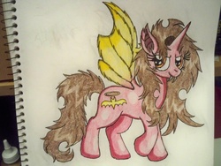 Size: 3648x2736 | Tagged: safe, artist:shelby100, oc, oc only, oc:carmela, alicorn, bat pony, pony, alicorn oc, bat ponified, fangs, high res, race swap, solo, traditional art