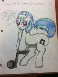 Size: 720x960 | Tagged: safe, artist:shelby100, dj pon-3, vinyl scratch, g4, alternate hairstyle, blushing, bronybait, female, lined paper, missing accessory, music notes, solo, spa pony, traditional art