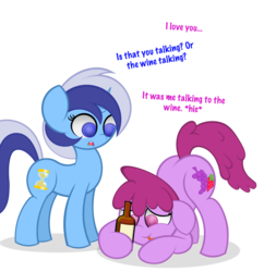 Size: 1024x1060 | Tagged: safe, artist:askshalua, berry punch, berryshine, minuette, earth pony, pony, g4, alcohol, duo, food, oenophilia, wine, wine bottle