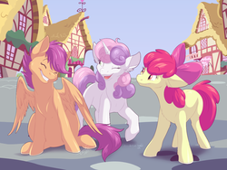 Size: 1600x1200 | Tagged: safe, artist:fizzy-dog, apple bloom, scootaloo, sweetie belle, earth pony, pegasus, pony, unicorn, g4, bow, cutie mark crusaders, eyes closed, female, grin, hair bow, one eye closed, open mouth, ponyville, sitting, smiling, wink