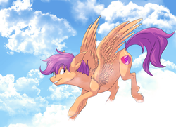 Size: 1367x988 | Tagged: safe, artist:fizzy-dog, scootaloo, pony, crusaders of the lost mark, g4, cloud, cutie mark, female, scootaloo can fly, solo, the cmc's cutie marks