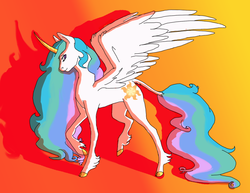 Size: 1632x1258 | Tagged: safe, artist:amaris-the-demon, princess celestia, classical unicorn, g4, female, horn, leonine tail, simple background, solo, spread wings