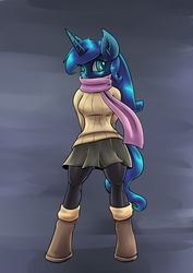 Size: 1280x1810 | Tagged: safe, artist:lovelyneckbeard, princess luna, anthro, unguligrade anthro, g4, arm behind back, boots, clothes, cute, female, looking at you, partially undressed, scarf, skirt, socks, solo, stockings, sweater, thigh highs