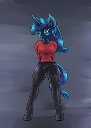 Size: 1280x1810 | Tagged: dead source, safe, artist:lovelyneckbeard, princess luna, anthro, unguligrade anthro, g4, clothes, female, looking at you, missing shoes, muscles, partially undressed, shorts, socks, solo, thigh highs