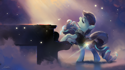 Size: 1920x1080 | Tagged: safe, artist:huussii, coloratura, earth pony, pony, g4, the mane attraction, beautiful, bipedal, eyes closed, female, fog, glowing, glowing cutie mark, mare, musical instrument, open mouth, piano, playing, rara, scene interpretation, signature, singing, solo, the magic inside, wallpaper, windswept mane