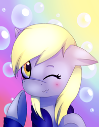 Size: 1024x1307 | Tagged: safe, artist:theultimatekitty, derpy hooves, pegasus, pony, g4, :3, blushing, clothes, female, hoodie, mare, solo, wink