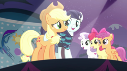 Size: 1280x720 | Tagged: safe, screencap, apple bloom, applejack, coloratura, scootaloo, sweetie belle, g4, the mane attraction, cutie mark crusaders, rara, spotlight, stage