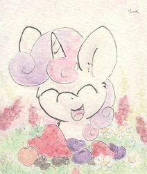 Size: 676x799 | Tagged: safe, artist:slightlyshade, sweetie belle, g4, female, fruit, solo, traditional art
