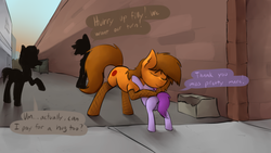 Size: 3000x1687 | Tagged: safe, artist:marsminer, oc, oc only, oc:venus spring, pony, butt, dialogue, feels, female, filly, fishnet stockings, hug, mare, plot, prostitution, uplifting, venus spring actually having a pretty good time