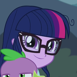 Size: 619x616 | Tagged: safe, screencap, sci-twi, spike, spike the regular dog, twilight sparkle, dog, equestria girls, friendship games, cute, faic, glasses, looking at you, loose hair, smirk, twiabetes, twiface, wrong neighborhood
