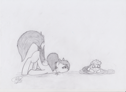 Size: 4676x3400 | Tagged: safe, artist:raw16, oc, oc only, oc:ray muller, pegasus, pony, crying, female, foal, male, monochrome, nudity, pendant, sad, traditional art