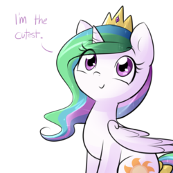 Size: 750x750 | Tagged: dead source, safe, artist:cosmalumi, princess celestia, pony, g4, :>, cute, cutelestia, dialogue, female, jewelry, looking at you, mare, regalia, simple background, sitting, smiling, solo, text, transparent background, truth