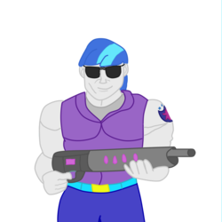 Size: 1024x1024 | Tagged: safe, artist:derek the metagamer, shining armor, equestria girls, g4, digital drawing, duke nukem, gun, humanized, solo, style emulation, sunglasses, weapon