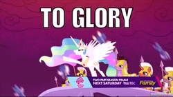 Size: 1000x564 | Tagged: safe, edit, edited screencap, screencap, princess celestia, alicorn, pegasus, pony, g4, the cutie re-mark, crystal war timeline, discovery family logo, ethereal mane, female, image macro, mare, meme, royal guard, spear, weapon