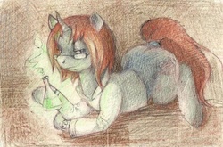 Size: 807x534 | Tagged: safe, oc, oc only, fallout equestria, fallout equestria: the fossil, flask, glasses, solo, traditional art