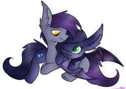 Size: 2000x1406 | Tagged: safe, artist:ashee, oc, oc only, oc:duskbloom, oc:halfmoon, bat pony, pony, couple, cuddling, female, green eyes, halfbloom, male, oc x oc, shipping, simple background, snuggling, straight, transparent background