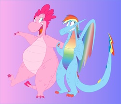 Size: 1280x1103 | Tagged: safe, artist:catstuxedo, edit, vector edit, pinkie pie, rainbow dash, dragon, g4, colored, colored wings, dragonified, fat, gradient background, multicolored wings, pinkiedragon, rainbow dragon, rainbow wings, species swap, vector