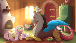 Size: 4200x2400 | Tagged: safe, artist:evehly, discord, fluttershy, king sombra, draconequus, pegasus, pony, g4, female, fireplace, food, looking at each other, male, mare, open mouth, ship:sombrashy, shipping, smiling, straight, tea