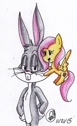 Size: 1024x1689 | Tagged: safe, artist:yoshiyoshi700, fluttershy, g4, bugs bunny, chibi, crossover, looney tunes, male, traditional art