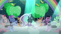 Size: 1600x900 | Tagged: safe, screencap, coloratura, disco fever, limelight, new wave (g4), smooth move, spectrum shades, turbo bass, earth pony, pony, g4, the mane attraction, background dancers, background pony, backup dancers, countess coloratura, female, male, mare, stage, stallion