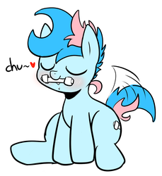 Size: 845x923 | Tagged: safe, artist:maren, oc, oc only, oc:blue chewings, earth pony, pony, behaving like a dog, blushing, chew toy, chu, eyes closed, mouth hold, multicolored hair, solo, tail, tail wag