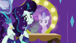 Size: 1600x900 | Tagged: safe, screencap, coloratura, rarity, g4, my little pony: friendship is magic, the mane attraction, clothes, frown, glare, gritted teeth, looking back, magic, mirror, out of context, raised hoof, telekinesis, wide eyes