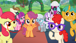 Size: 1920x1080 | Tagged: safe, edit, edited screencap, screencap, apple bloom, diamond tiara, featherweight, lily longsocks, photo finish, scootaloo, silver spoon, snails, sweetie belle, twist, earth pony, pegasus, pony, unicorn, g4, season 5, the mane attraction, animation error, circled, colt, female, filly, foal, great moments in animation, magic, male, size difference, wat