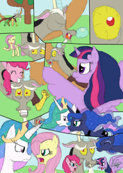 Size: 904x1280 | Tagged: safe, artist:jyxia, discord, fluttershy, pinkie pie, princess celestia, princess luna, twilight sparkle, alicorn, pony, g4, and then discord was a man, comic, discord gets all the mares, discoshylestia, discoshylestialight, discoshylight, eyes closed, female, male, mare, ship:discolight, ship:discopie, ship:discoshy, ship:dislestia, ship:lunacord, shipping, shipping war, sleeping, straight, twilight sparkle (alicorn)