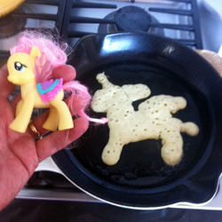 Size: 600x600 | Tagged: safe, fluttershy, g4, brushable, close enough, food, food art, i'm pancake, irl, pancakes, photo, stove, toy