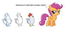 Size: 858x380 | Tagged: safe, artist:sterlingpony, scootaloo, chicken, pegasus, pony, g4, angry, drawing tutorial, female, scootachicken, scootaloo is not amused, simple background, solo, white background