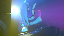 Size: 3840x2160 | Tagged: safe, artist:marcsello, dj pon-3, vinyl scratch, pony, unicorn, g4, 3d, cutie mark, female, high res, hooves, horn, mare, mixing console, party, smiling, solo, source filmmaker, sunglasses, teeth