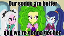 Size: 720x405 | Tagged: safe, edit, edited edit, edited screencap, screencap, adagio dazzle, aria blaze, sonata dusk, equestria girls, g4, my little pony equestria girls: rainbow rocks, image macro, jem and the holograms, meme, pizzazz, recolor, roxy (jem and the holograms), stormer, text edit, the dazzlings, the misfits