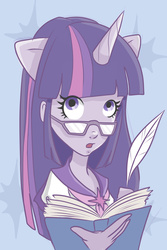 Size: 900x1350 | Tagged: safe, artist:misspaigechristine, twilight sparkle, human, g4, book, eared humanization, female, glasses, horn, horned humanization, humanized, pony coloring, quill, solo