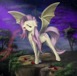 Size: 1943x1916 | Tagged: safe, artist:vinicius040598, fluttershy, bat pony, pony, g4, apple, apple tree, eyes closed, female, flutterbat, food, night, solo, spread wings