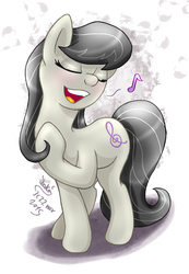 Size: 900x1300 | Tagged: safe, artist:joakaha, octavia melody, g4, 2015, background pony, eyes closed, female, open mouth, raised hoof, signature, singing, solo